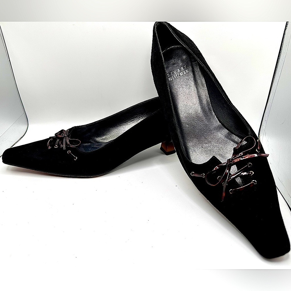 Stuart Weitzman Black Suede Kitten Heels With Tortoiseshell Bow, Heel Detail 🐢